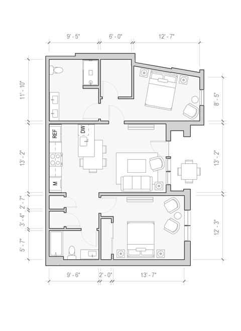 Floor plan for 2 beds, 2 baths, 1066 sqft